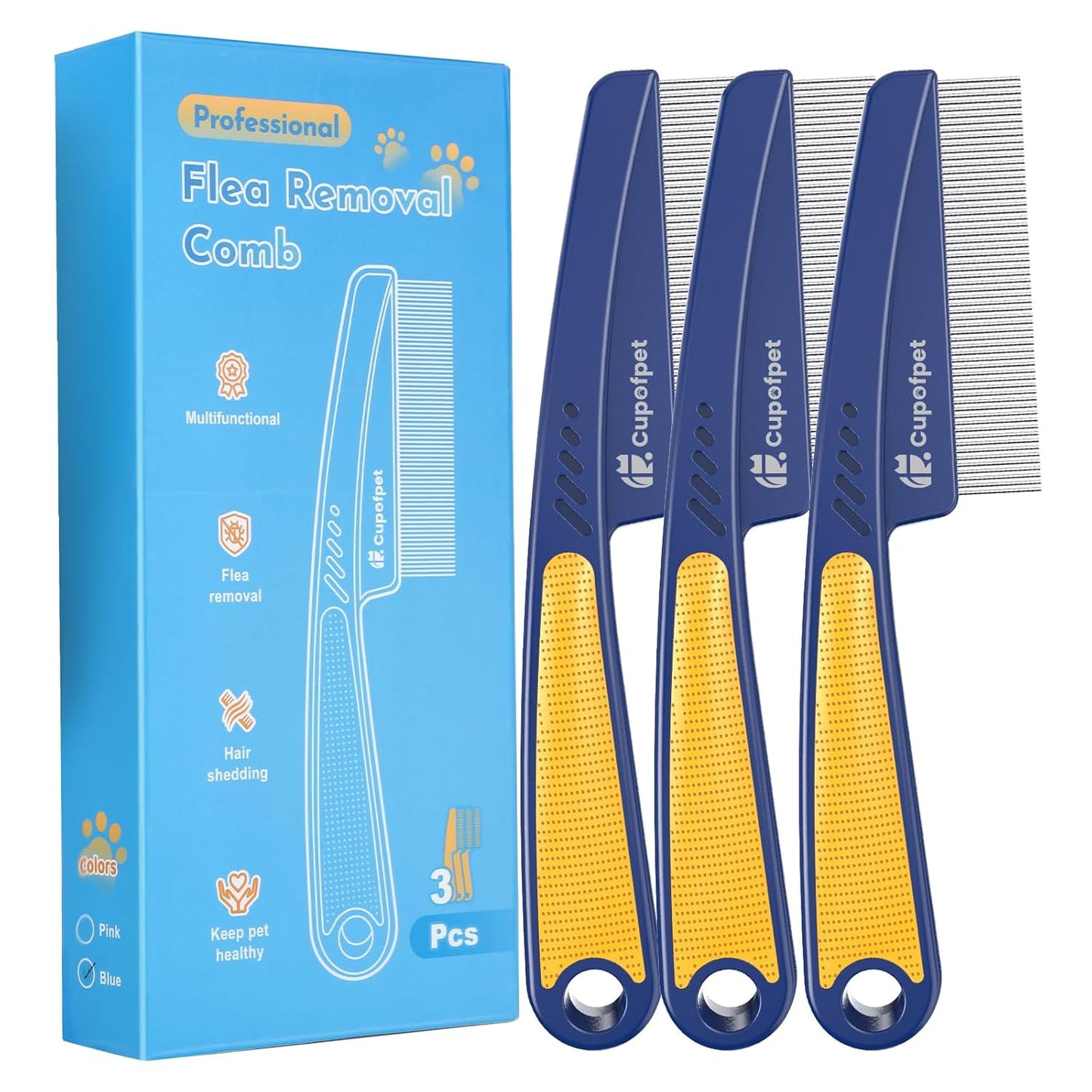 3-Pack Flea Comb with Rubber Handle, Fine Tooth Flea and Tick Combs for Dogs & Cats, Anti-Slip Pet Grooming Comb for Puppies, Kitties (Blue)