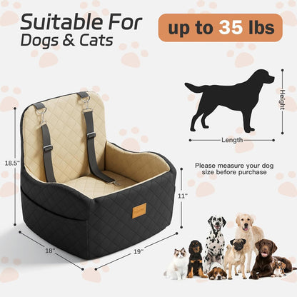 Dog Car Seat for Small/Medium Dogs Under 35lbs, Detachable & Washable Elevated Pet Travel Bed, 2 Storage Pockets & Safety Belt, Anti-Slip Base, Dog Booster Car Seat with Seamless Bottom Design