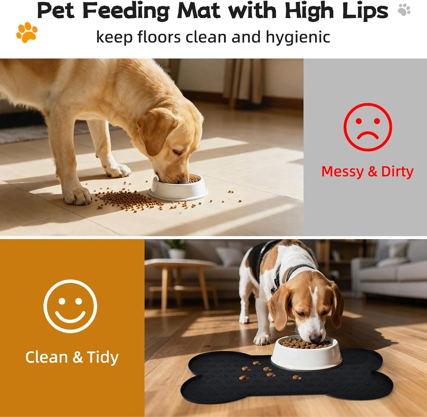 Dog Food Mat Anti-Slip Silicone Bowl Mats for Food and Water, Thicker Pet Placemat Waterproof Cat Feeder Pad with High-Lips Prevent Messy Spills to Floor Suitable for Medium and Small Pet