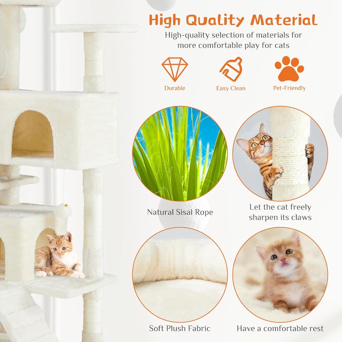 Sweetcrispy 54 Inch Cat Tree Tower, Multi-Level with Cat Scratching Post, Indoor Cat Condo with Climbing Ladder, Plush Toy, Play House for Cat, Beige