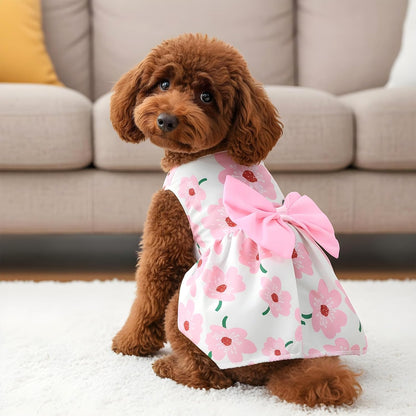 Dog Floral Dress, Cute Dog Dresses with Pink Bow, Pet Princess Dresses, Pink Floral Dogs Cat Clothes, Spring Summer Pet Clothes for Chihuahua, Yorkie, Puppy and Small Cats (XS Size)