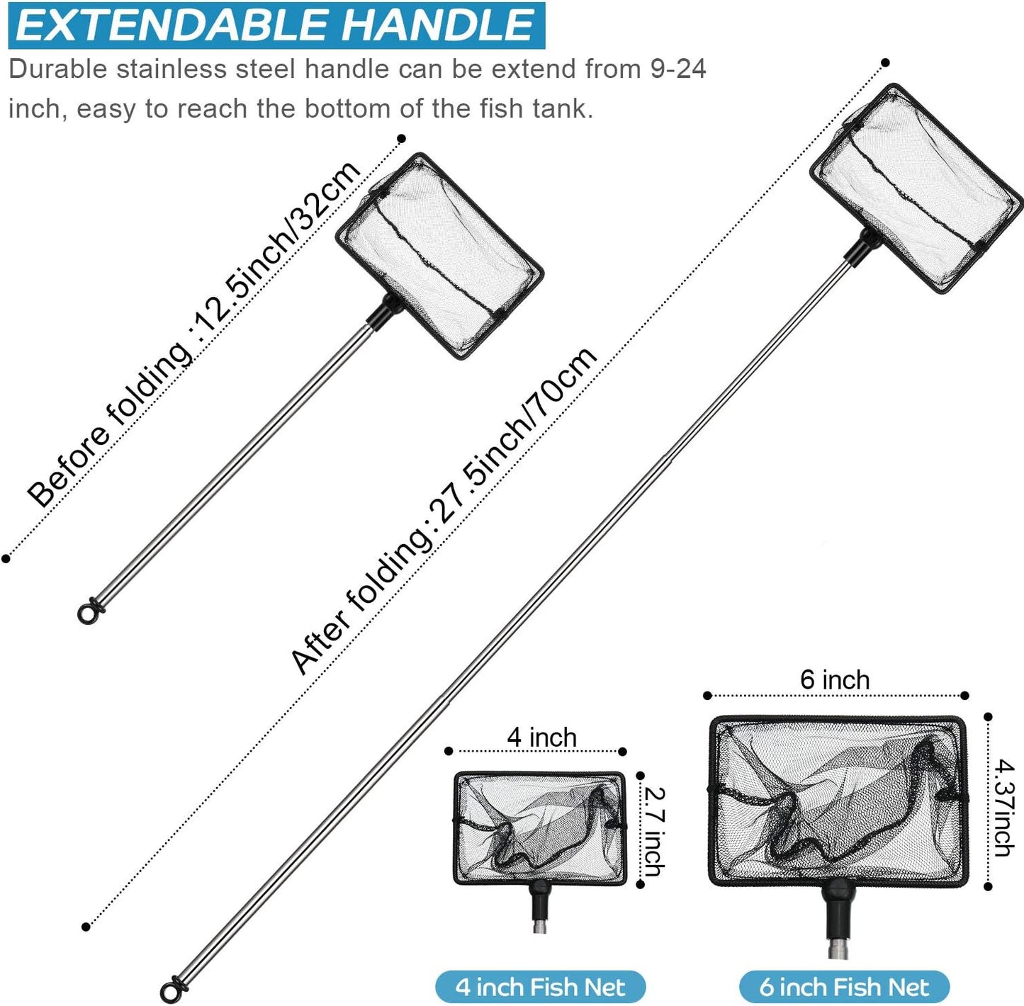 2 Pieces Fish Tank Net Aquarium Mesh Fish Net Long Handle Fish Net with Extendable 12.5-27.5 Inch Stainless Steel Catch Nets for Fish Tank Aquarium Accessories (4 Inch, 6 Inch)