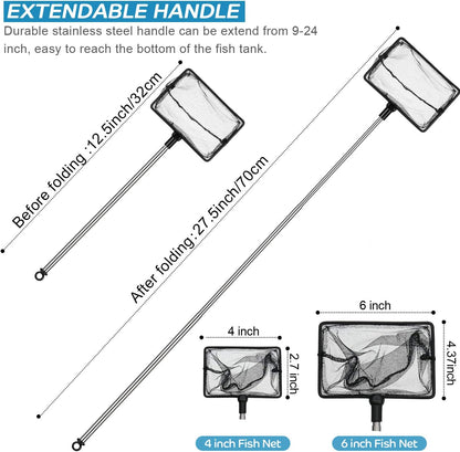 2 Pieces Fish Tank Net Aquarium Mesh Fish Net Long Handle Fish Net with Extendable 12.5-27.5 Inch Stainless Steel Catch Nets for Fish Tank Aquarium Accessories (4 Inch, 6 Inch)