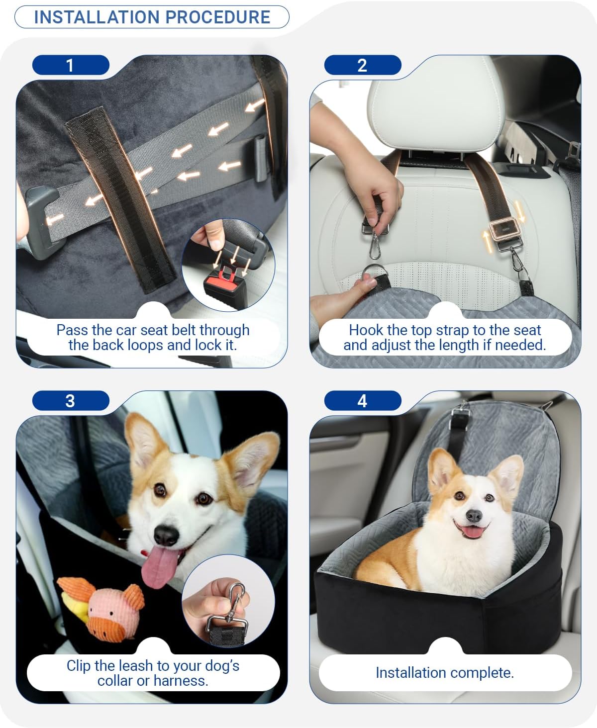 Dog Car Seat for Small Dogs, Pet Booster Seat with Extendable Backrest, Pet Car Seats up to 30 lbs, Washable Removable Cover Travel Bed with Storage Pockets and 2 Safety Leashes, Black&Grey