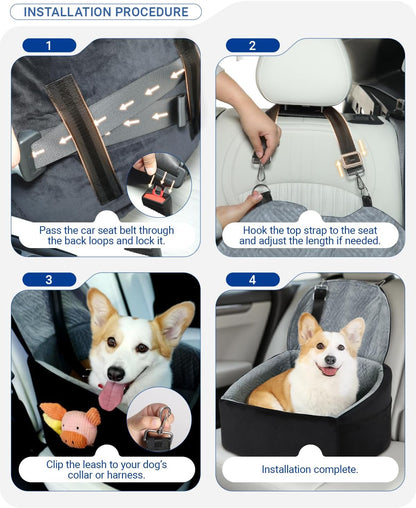 Dog Car Seat for Small Dogs, Pet Booster Seat with Extendable Backrest, Pet Car Seats up to 30 lbs, Washable Removable Cover Travel Bed with Storage Pockets and 2 Safety Leashes, Black&Grey