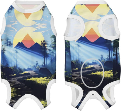 Forest Landscape Dog Surgery Suit Recovery Suit, 100% Cotton Breathable Full Body Dog & Cat Surgical Suit with Cute Prints, Alternative to Cone for Spay Neuter Wound Care, Male & Female Pets X-Large