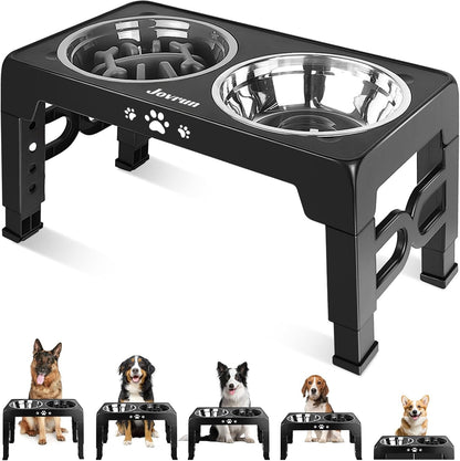 Elevated Dog Bowls, Dog Feeder with Stainless Steel Dishes & Slow Feeder Bowl, 5 Heights Adjustable Raised Stand for Medium Large, Food Dishes with Non-Slip Feet