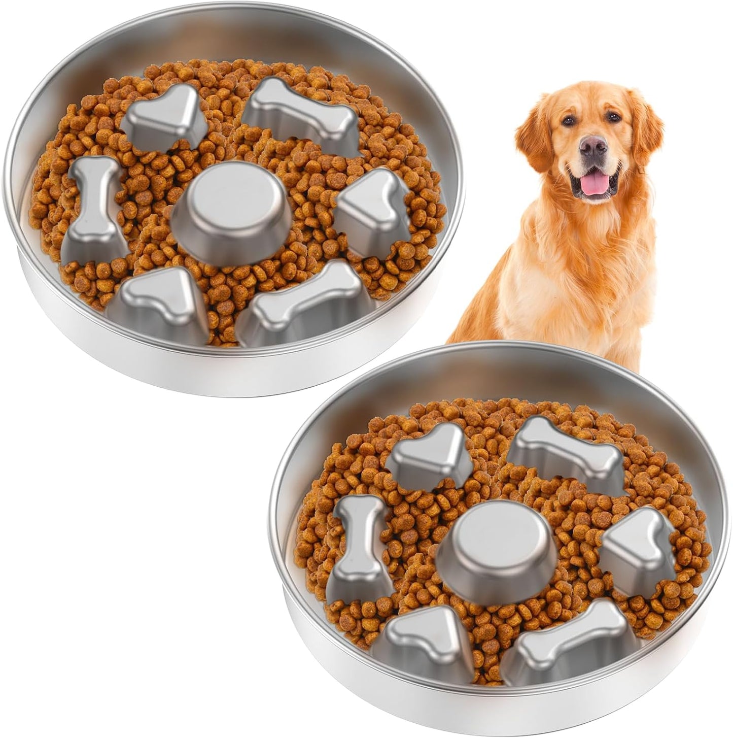 2 Pack Stainless Steel Slow Feed Dog Bowl, Dog Food Bowl Slow Feeder with Double-Sided Design and Nonslip Bottom, 2 Cups Metal Pet Food Bowl for Slows Down Eating for Medium Dogs, Dishwasher Safe