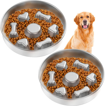 2 Pack Stainless Steel Slow Feed Dog Bowl, Dog Food Bowl Slow Feeder with Double-Sided Design and Nonslip Bottom, 2 Cups Metal Pet Food Bowl for Slows Down Eating for Medium Dogs, Dishwasher Safe