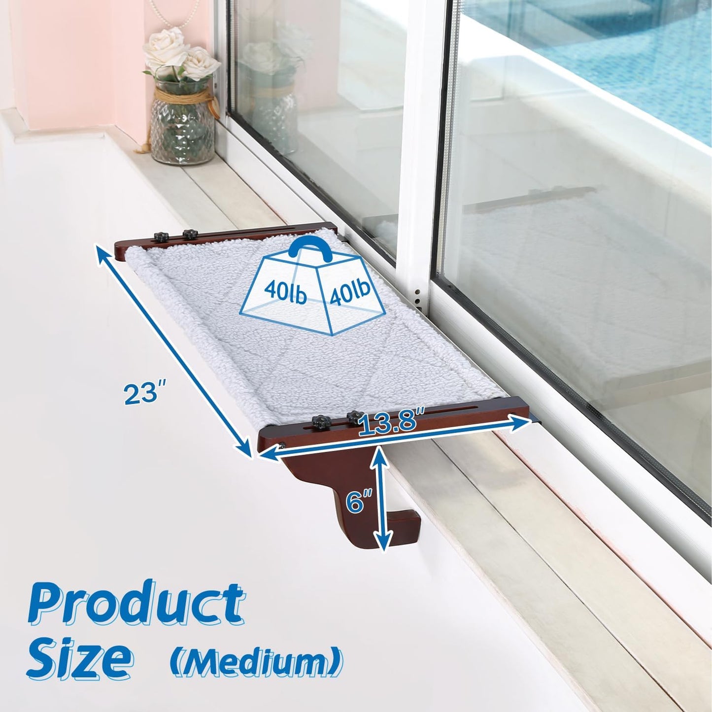 Zakkart Easy Seat Cat Perch for Window Sill - Hammock Design w/Premium Wood & Robust Metal Frame - Cat Window Seat for Large Cats and Kittens (Dark Stained Wood w/Gray Bed, Medium (23''W x 14''D))