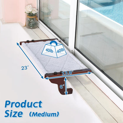 Zakkart Easy Seat Cat Perch for Window Sill - Hammock Design w/Premium Wood & Robust Metal Frame - Cat Window Seat for Large Cats and Kittens (Dark Stained Wood w/Gray Bed, Medium (23''W x 14''D))