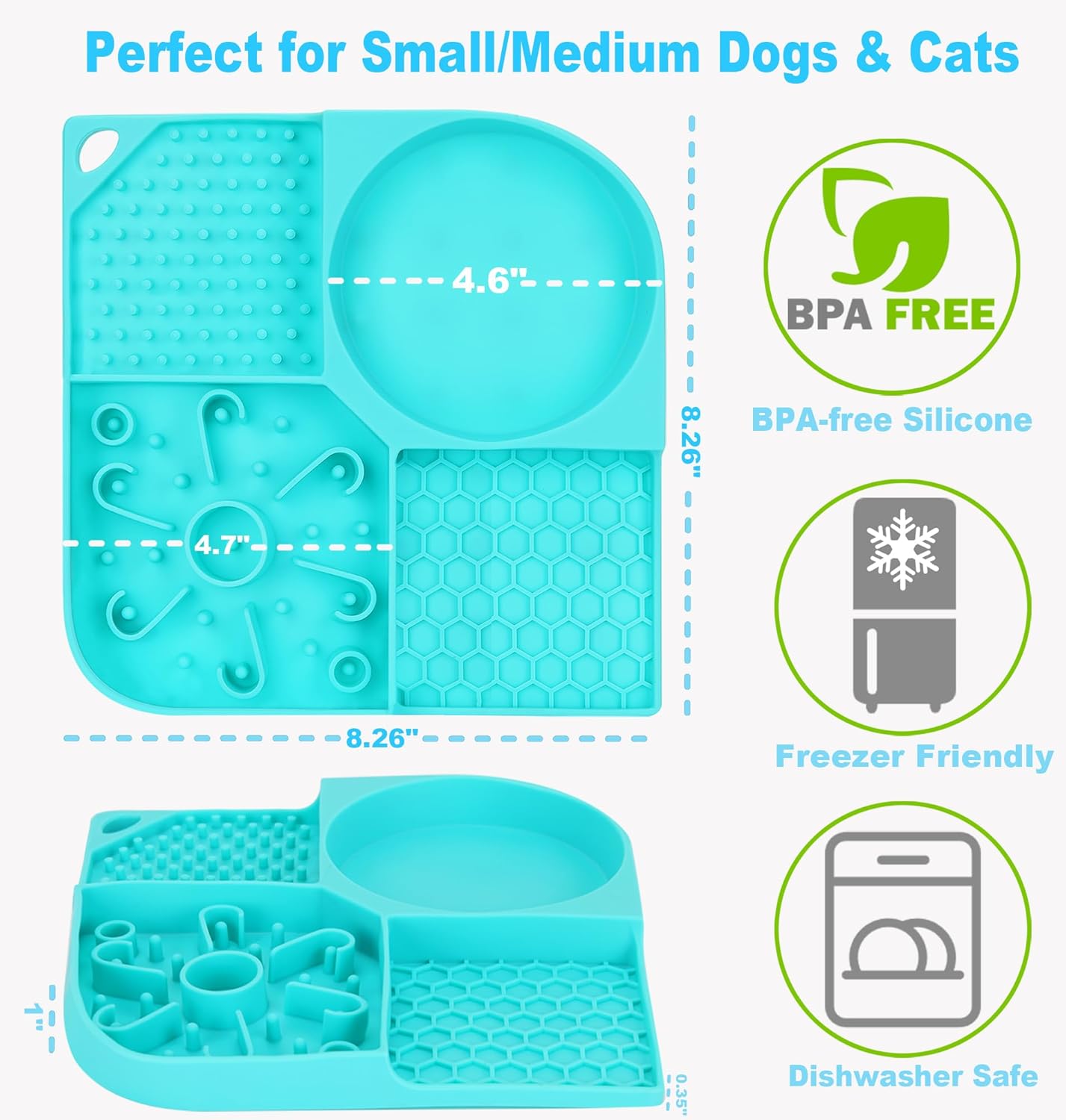 Lick Mat for Dogs, 4-in-1 Slow Feeder Bowl with Non-Slip Suction Cup, Food-Grade Silicone Lick Pads Perfect for Cat Anxiety, Fast Eating & Grooming(Aqua,8.26"x8.26")