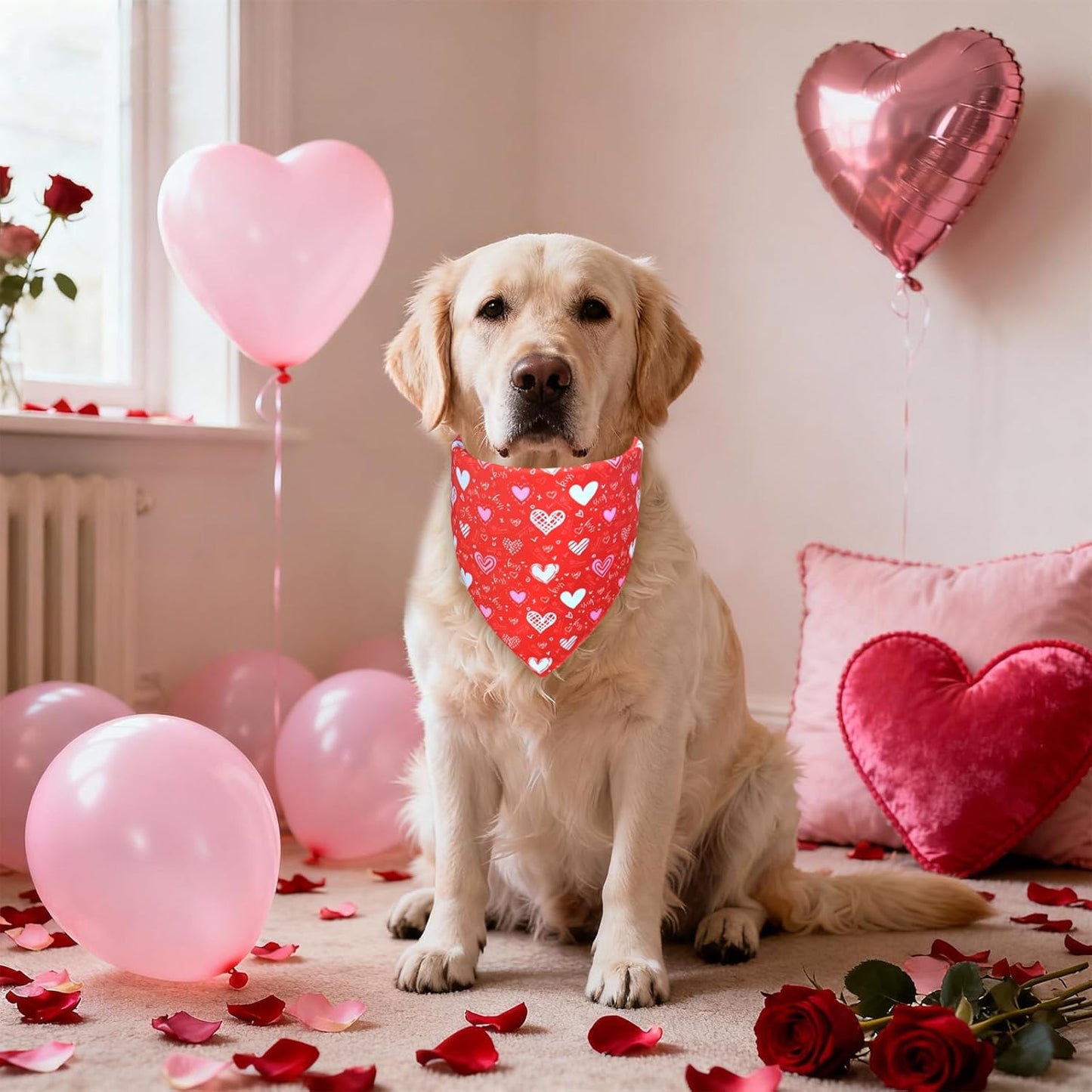 Valentine’s Day Dog Bandana - Reversible Black Red Hearts Candy Print Scarf for Medium to Large Dogs, Cute Costume Accessory for Valentine Gift
