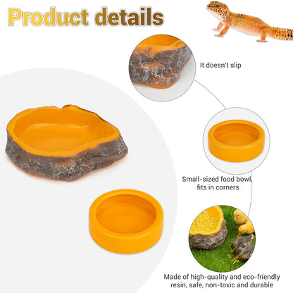2-Pack Reptile Water Dish, Food Bowl Set - Natural Rock Design Snake Water Bowl, Leakproof Resin Feeder for Bearded Dragons, Turtles, Geckos, Snakes | Terrarium Decor Essentials