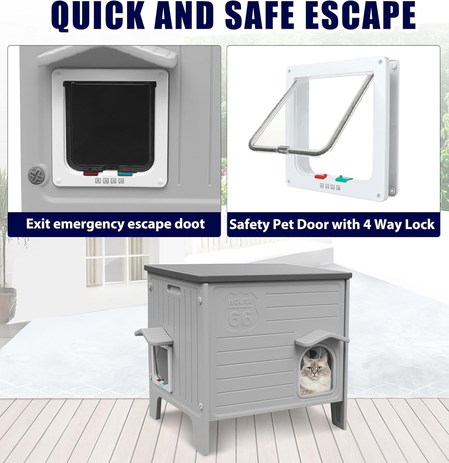 Plastic Cat House Outdoor & Indoor, Feral Cat Houses with Escape Door, Waterproof Outdoor Cat House for Feral Cats, Outside Cat Shelter for Small Pet, Assemble Easily-Grey