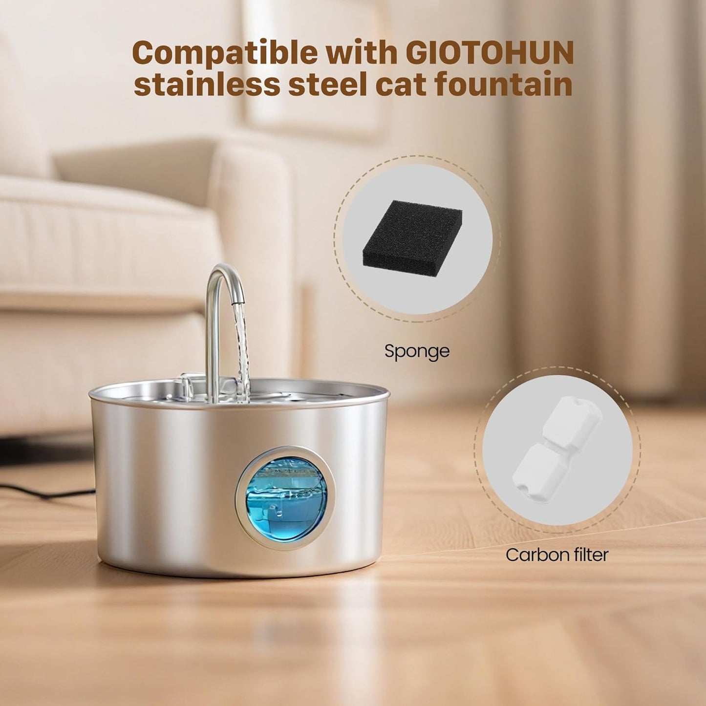 GIOTOHUN Pet Fountain Filter Replacement: 32 Cat Water Fountains Filter -16 Carbon Filters & 16 Foam Filters - Suitable for GIOTOHUN Stainless Steel Cat Fountain S11