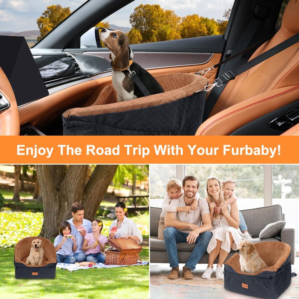 Vivifying Dog Car Seat for Small & Medium Dogs, Detachable & Washable Booster Seat for Pets Up to 30lbs, Travel Bed with Storage Pockets and Safety Belt – Brown&Black