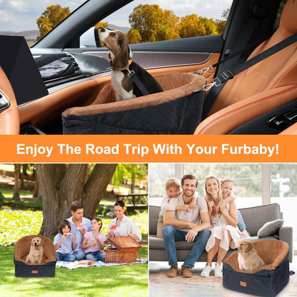 Vivifying Dog Car Seat for Small & Medium Dogs, Detachable & Washable Booster Seat for Pets Up to 30lbs, Travel Bed with Storage Pockets and Safety Belt – Brown&Black