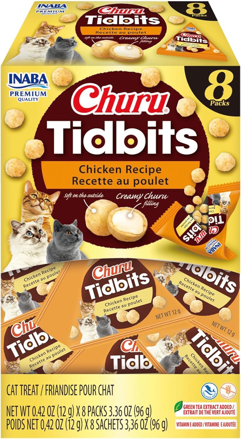 INABA Churu Tidbits for Cats, Soft & Chewy Churu Filled, Baked Chicken Cat Treats with Taurine & Green Tea Extract, 0.42oz per Pack, 8 Packs Total, Chicken Recipe