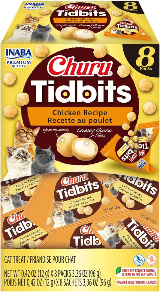 INABA Churu Tidbits for Cats, Soft & Chewy Churu Filled, Baked Chicken Cat Treats with Taurine & Green Tea Extract, 0.42oz per Pack, 8 Packs Total, Chicken Recipe