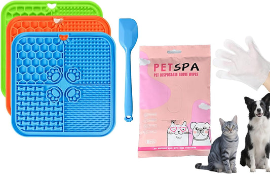 Lick Mat for Dogs, Dog Lick Mat with Suction Cups and Pet Glove Wipes for Dogs and Cats, Extra Thick Dog Wipes Cleaning Deodorizing