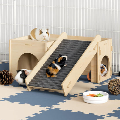 Guinea Pig Hideout House, Basic Large Wooden Hamster Hideout with Climbing Ladder & Rest Zone, Bunny Castle Tower Toy for Guinea Pig Chinchilla Gerbil Hedgehog Small Animal House Habitat Hut