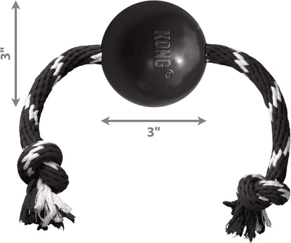 KONG Extreme Ball with Rope - Dog Fetch Toy with Rope for Easy Throwing - Durable Dog Ball Toy for Tug, Playtime & More s Most Durable Natural Rubber - Black - for Large Dogs