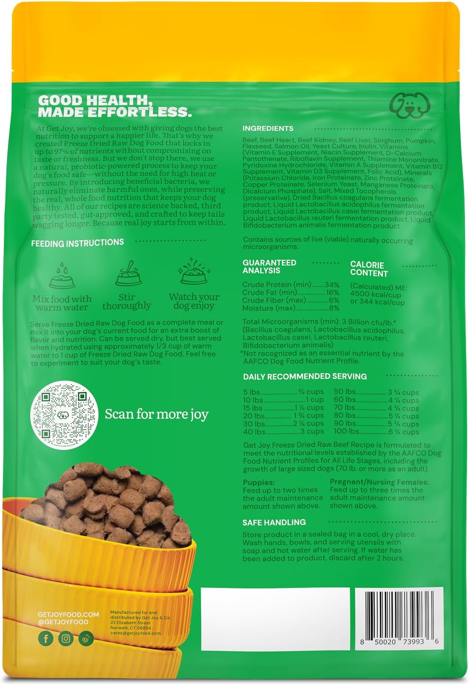 Get Joy Freeze Dried Raw Beef Meal, High Protein Grain Free, Dry Dog Food Meal Mixer and Topper, with Probiotics for Gut Health, Made with 100% USDA Organ Meat, for All Breeds and Ages, 16oz Bag