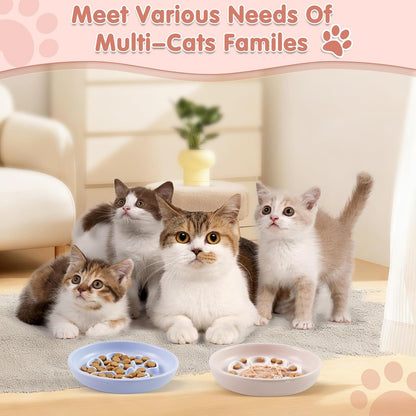 Cat Slow Feeder Bowl Set - 2 Pcs Pastel Series Cat Plate for Dry and Wet Food - Cute Maze Feeder Dish for Healthy Eating- Slow Feeding Bowls Whisker Friendly - Dishwasher Safe.(Blue and Pink)