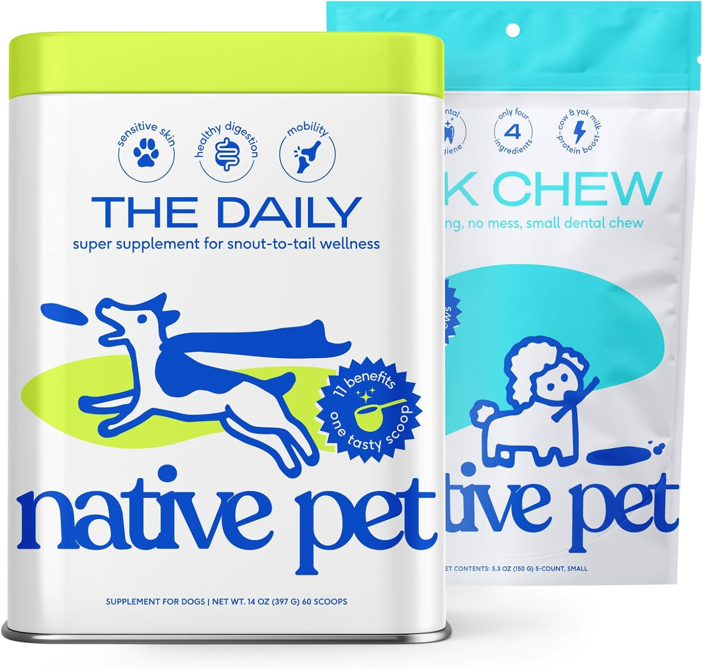 Native Pet The Daily Dog Vitamins & Supplements (60 Scoops) & Yak Chews (5 Small Chews) - All Natural Dental Stick Made with Yak Cheese for Aggressive Chewers & 11-in-1 Multivitamin for Dogs