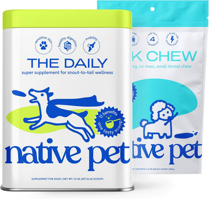 Native Pet The Daily Dog Vitamins & Supplements (60 Scoops) & Yak Chews (5 Small Chews) - All Natural Dental Stick Made with Yak Cheese for Aggressive Chewers & 11-in-1 Multivitamin for Dogs