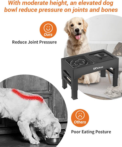 Elevated Dog Bowls, Raised Dog Bowl Stand with Slow Feeder & No Spill Water Bowl, 4 Adjustable Heights for Large Medium and Small Dogs