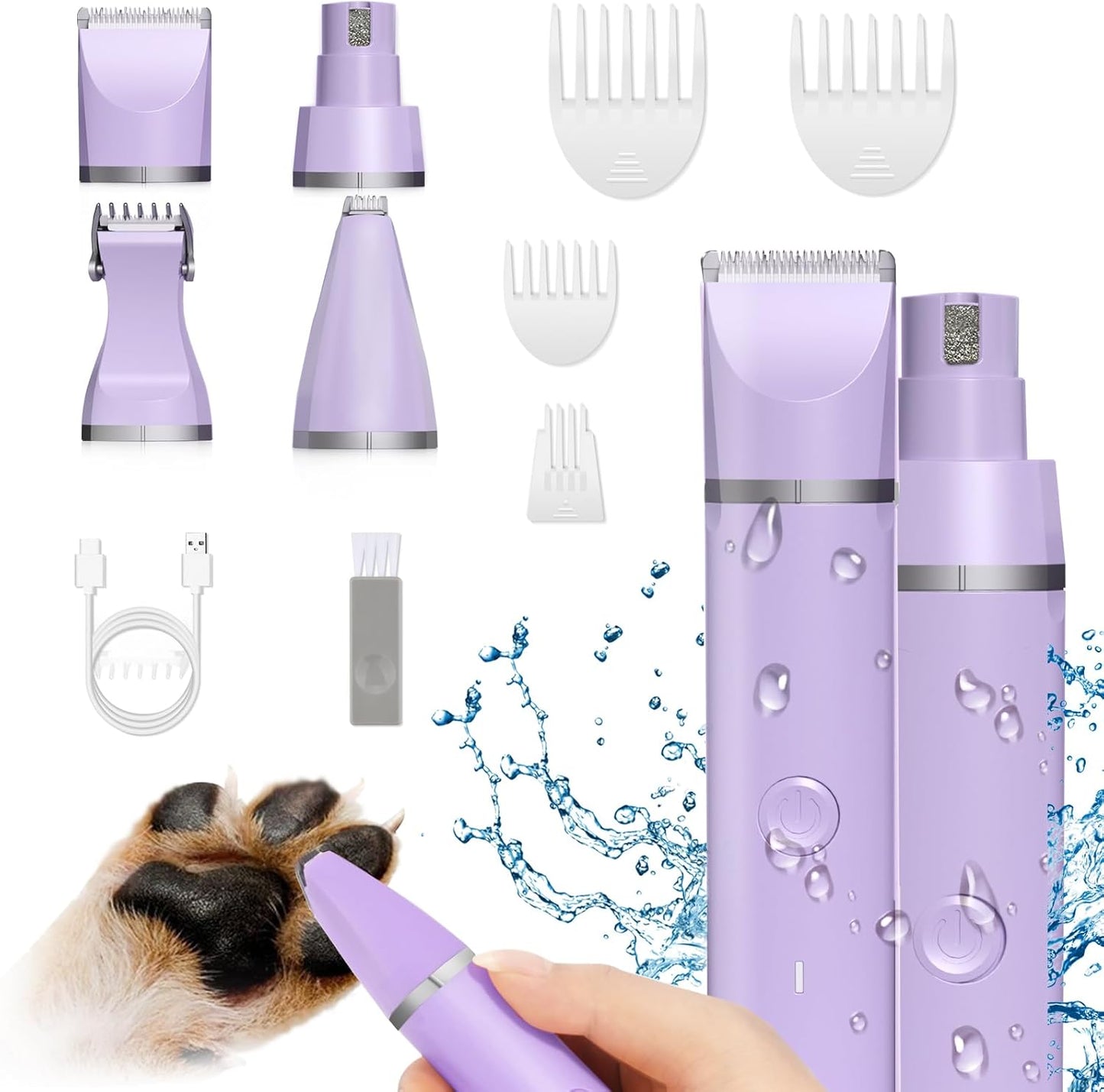 Dog Grooming Clippers Kit-Electric Rechargeable Cat Trimmer Tools-Cordless Quiet Pet Nail Paw Grinder-4 in 1 Multifunctional Low Noise Shaver-Razor for feet Face Ears Toenail Eye