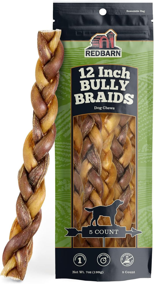 Redbarn Pet Products All-Natural 12" Braided Bully Sticks for Dogs - Premium Slow Roasted Long Lasting Chew Treats Made with 100% Beef - Single Ingredient Low Odor - 5 Count - Packaging May Vary
