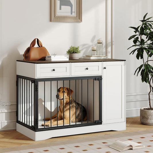 Pet Dog Cage Furniture, 47 Inch Modern Double-Door Indoor Kennel with Farmhouse-Style Dog Cage Featuring Dual-Drawer Storage Side Table, TV Stand, and Sideboard, Suitable for Small to Medium Dogs