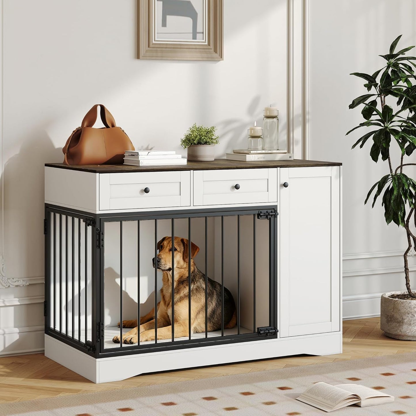 Pet Dog Cage Furniture, 47 Inch Modern Double-Door Indoor Kennel with Farmhouse-Style Dog Cage Featuring Dual-Drawer Storage Side Table, TV Stand, and Sideboard, Suitable for Small to Medium Dogs