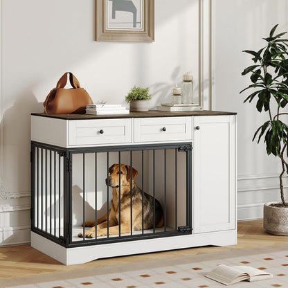 Pet Dog Cage Furniture, 47 Inch Modern Double-Door Indoor Kennel with Farmhouse-Style Dog Cage Featuring Dual-Drawer Storage Side Table, TV Stand, and Sideboard, Suitable for Small to Medium Dogs