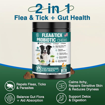 Dog Flea and Tick Treatment Chewables for Dogs Natural Chewable Flea and Tick Chicken Flavor Prevention Probiotic Dog Chews Gut Health Probiotics for Dogs Digestive Health 2 in 1 Chewable 200 Chews