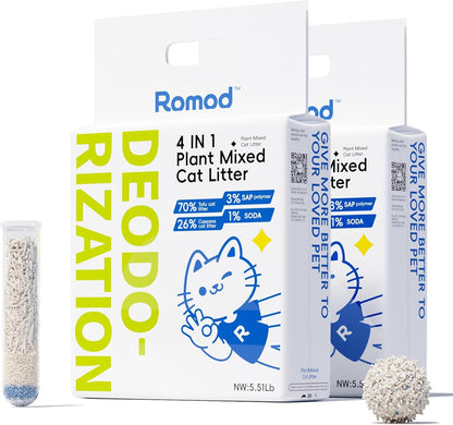 4-in-1 Tofu Cat Litter, Mixed Cassava, Baking Soda, SAP, Natural Plant, Fast Clumping, Strong Water Adsorption & Deodorization, No Tracking, Dust-Free, Flushable, (5.5lbs x 2bags)