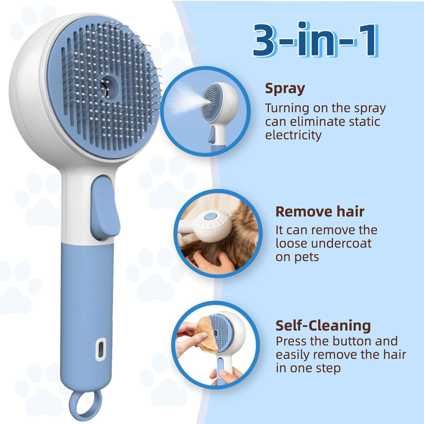 Cat Steam Brush for Shedding & Grooming - 3-in-1 Electric Spray Pet Hair Brush with Massage Function - Anti-Static Water Spray Comb for Tangled Hair, Rechargeable Grooming Tool for Cats & Dogs (Blue)