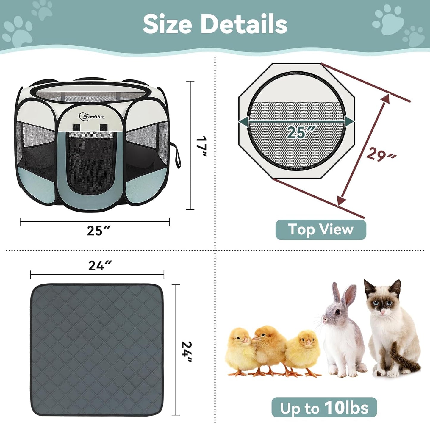 Dog Playpen with Washable Pee Pad, Puppy Pet Cat Playpen Small Dogs Tent Crate Indoor/Outdoor, Portable Pop Up Kennel with Carrying Case for Cats/Rabbits(Grey,Small with pad)