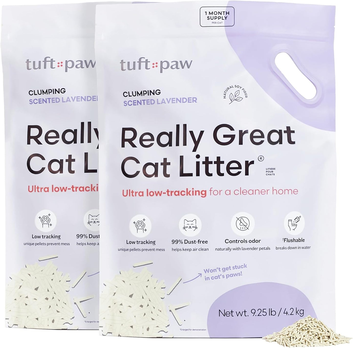 Tuft & Paw Really Great Cat Litter, Low Tracking Tofu Cat Litter, Clumping, Flushable, Odor Control, Dust-Free - 9.25lbs x 2Bags (Natural Lavender)