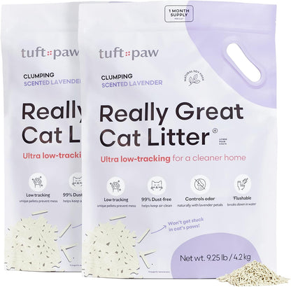 Tuft & Paw Really Great Cat Litter, Low Tracking Tofu Cat Litter, Clumping, Flushable, Odor Control, Dust-Free - 9.25lbs x 2Bags (Natural Lavender)