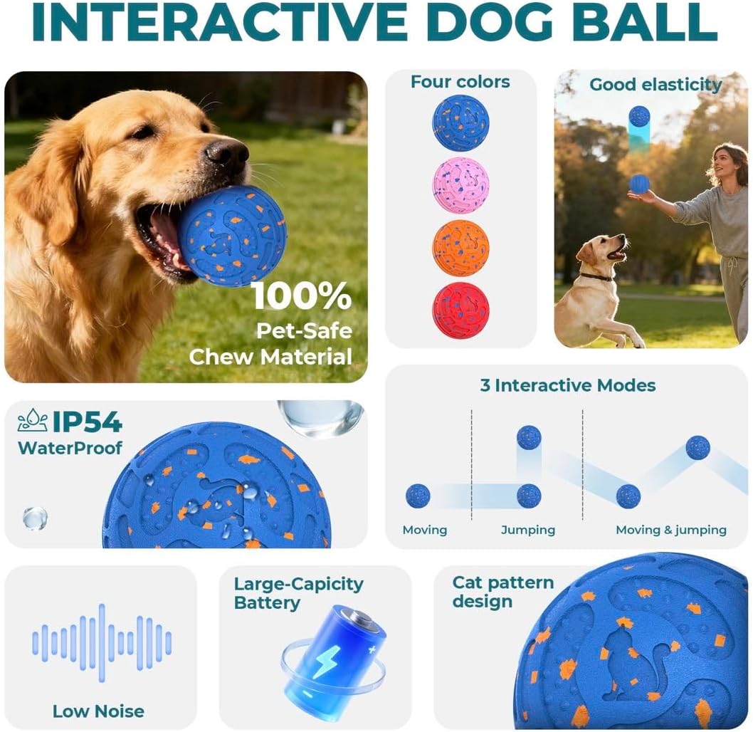CatPrint Smart Interactive Dog Toy Ball – Automatic Moving, Bouncing & Rolling, 3 Modes, Chew-Proof E-TPU Shell, Waterproof, Rechargeable,Dog Ball for Medium and Large Dogs,Blue Vine
