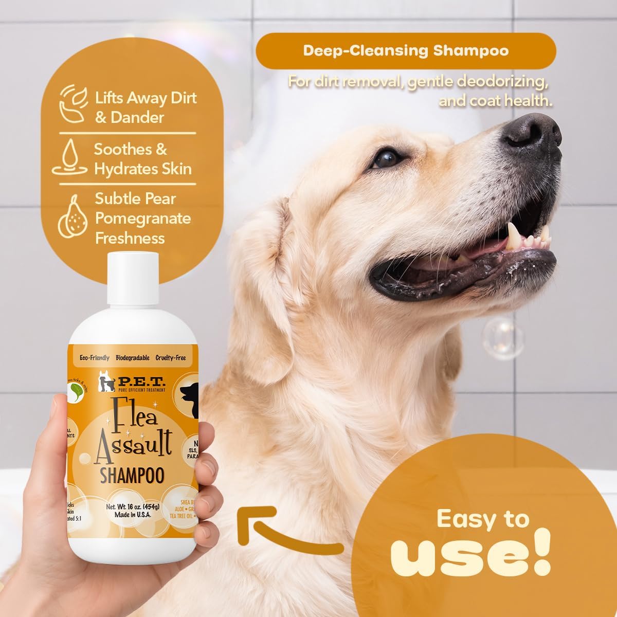 P.E.T. Flea Assault Pear Pomegranate Shampoo for Dogs & Cats — Deep-Cleansing & Deodorizing Formula — Soothes Skin, Hydrates & Adds Shine — Sulfate-Free, pH-Balanced, Hypoallergenic — 16 oz