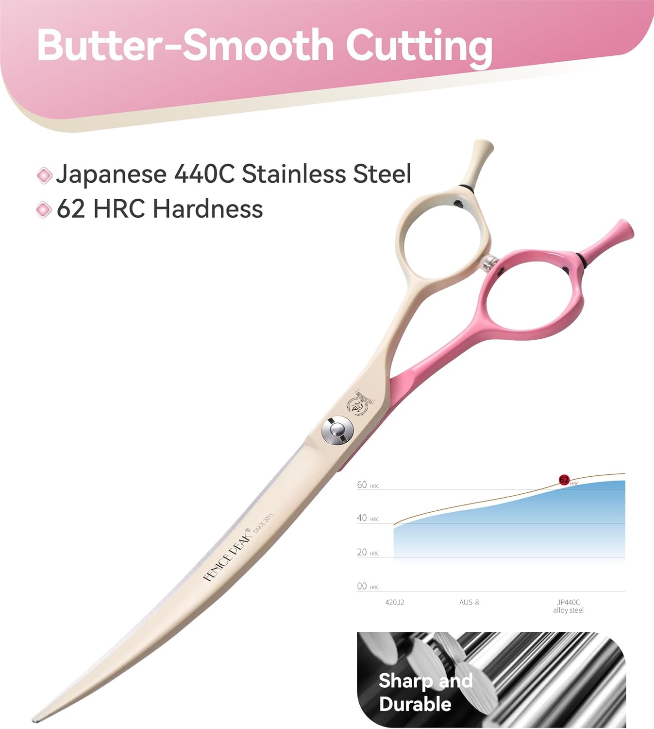 Fenice Peak Curved Dog Grooming Scissors with Coating 440C Stainless Steel, 7 inch Professional Curved Shears Dog Grooming，25 Degree of Curved Blade，Pet Shears for Trimming Face and Paws, Pink & White