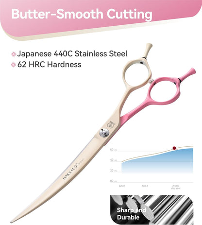 Fenice Peak Curved Dog Grooming Scissors with Coating 440C Stainless Steel, 7 inch Professional Curved Shears Dog Grooming，25 Degree of Curved Blade，Pet Shears for Trimming Face and Paws, Pink & White