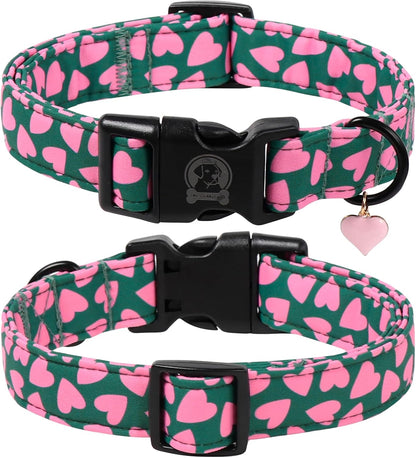 Valentines' Green Dog Collar, Cute Pink Heart Puppy Collar, Adjustable Female or Male Cotton Pet Collar, Quick Release Buckle for Small Medium Large Dog