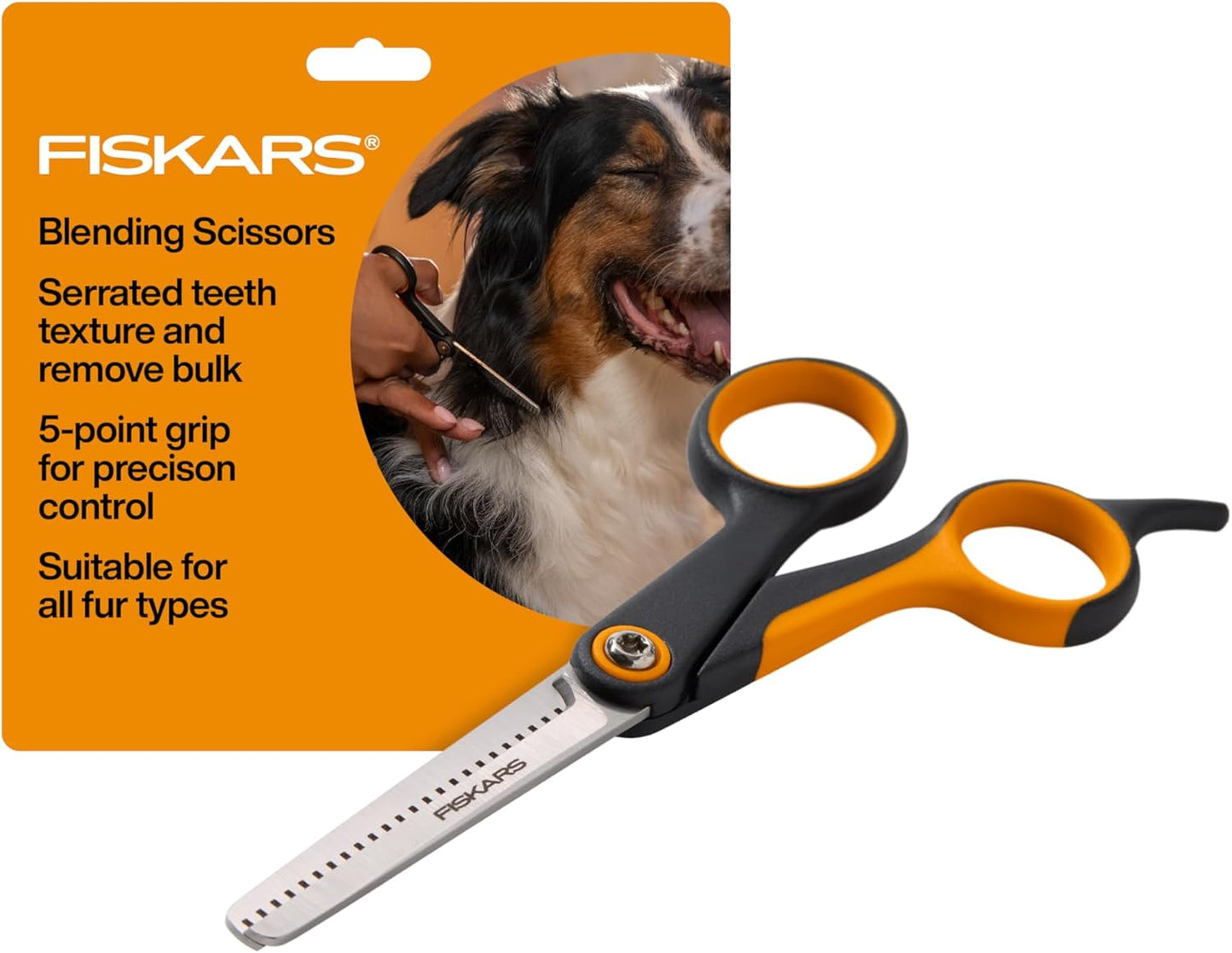Fiskars Pet, Dog and Cat Grooming Scissors, Serrated Teeth for Thinning & SoftGrip Handle, Cat and Dog Supplies, 6.5”, Orange/Black, Blending Scissors