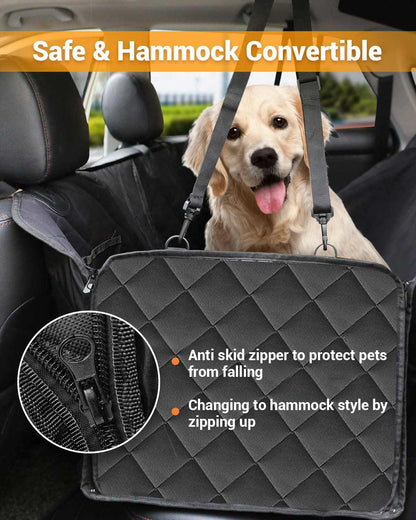 Dog Car Seat Cover, 600D Heavy Durable Dog Seat Cover for Back Seat, 100% Waterproof Scratch Proof Nonslip Dog Hammock for Car with Side Flap, Pet Back Seat Covers for Car with Seatbelt Black
